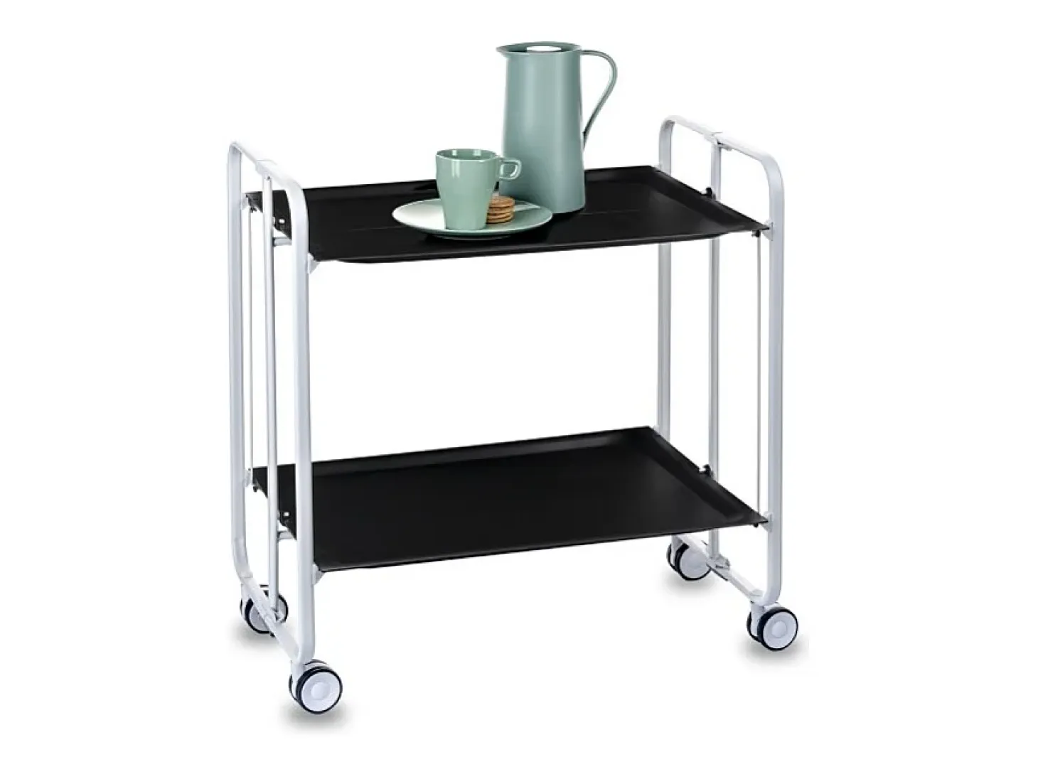 Carrito auxiliar plegable con ruedas - Estructura metálica blanca, 2 estantes negros laminados – 72*66*43 cm - BAUHAUS