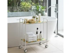 Carrito auxiliar plegable con ruedas - Estructura metálica blanca, 2 estantes laminados Decorado Óvalos naranjas y verdes – 72*66*43 cm - BAUHAUS