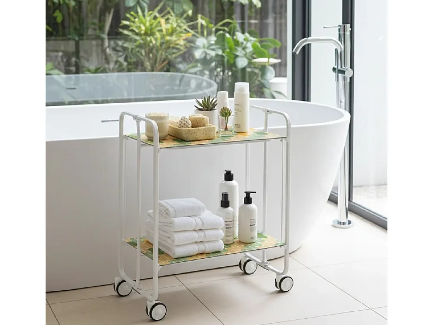 Carrito auxiliar plegable con ruedas - Estructura metálica blanca, 2 estantes laminados Decorado Óvalos naranjas y verdes – 72*66*43 cm - BAUHAUS