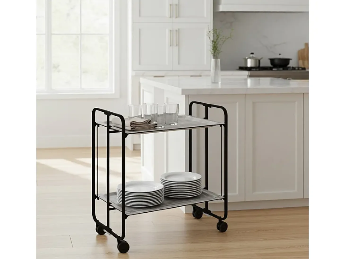 Carrito auxiliar plegable con ruedas - Estructura metálica negra, 2 estantes laminados color Pino envejecido – 72*66*43 cm - BAUHAUS