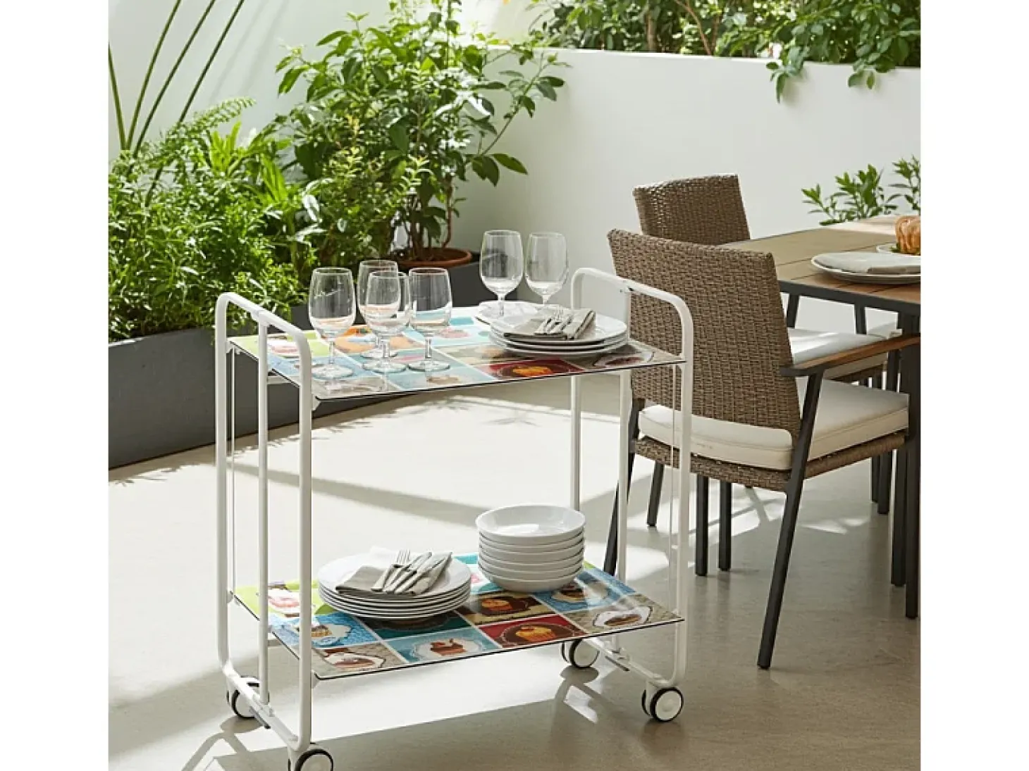 Carrito auxiliar plegable con ruedas - Estructura metálica blanca, 2 estantes laminados Decorado Vintage2 – 72*66*43 cm - BAUHAUS