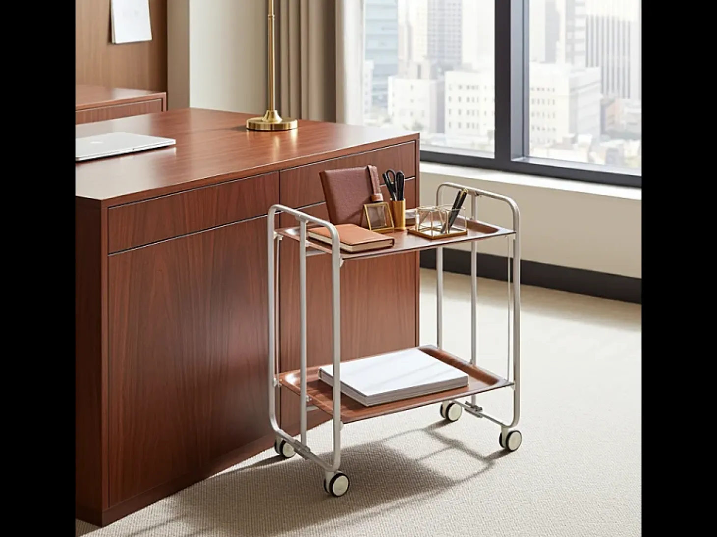 Carrito auxiliar plegable con ruedas - Estructura metálica gris, 2 estantes laminados color Cedro – 72*66*43 cm - BAUHAUS