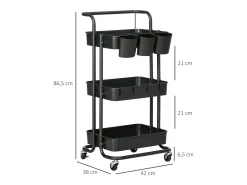 Carrito con ruedas de 3 niveles con cestas extraíbles, acero negro, flexible y compacto (42x38x86,5cm)
