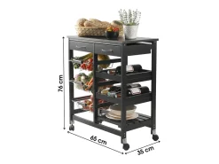 Carrito de almacenamiento negro con ruedas - 2 cajones y 3 estantes, dimensiones 65x35x76 cm