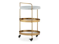 Carrito de bar ZOVA de metal, mármol artificial y espejo – Dorado y blanco