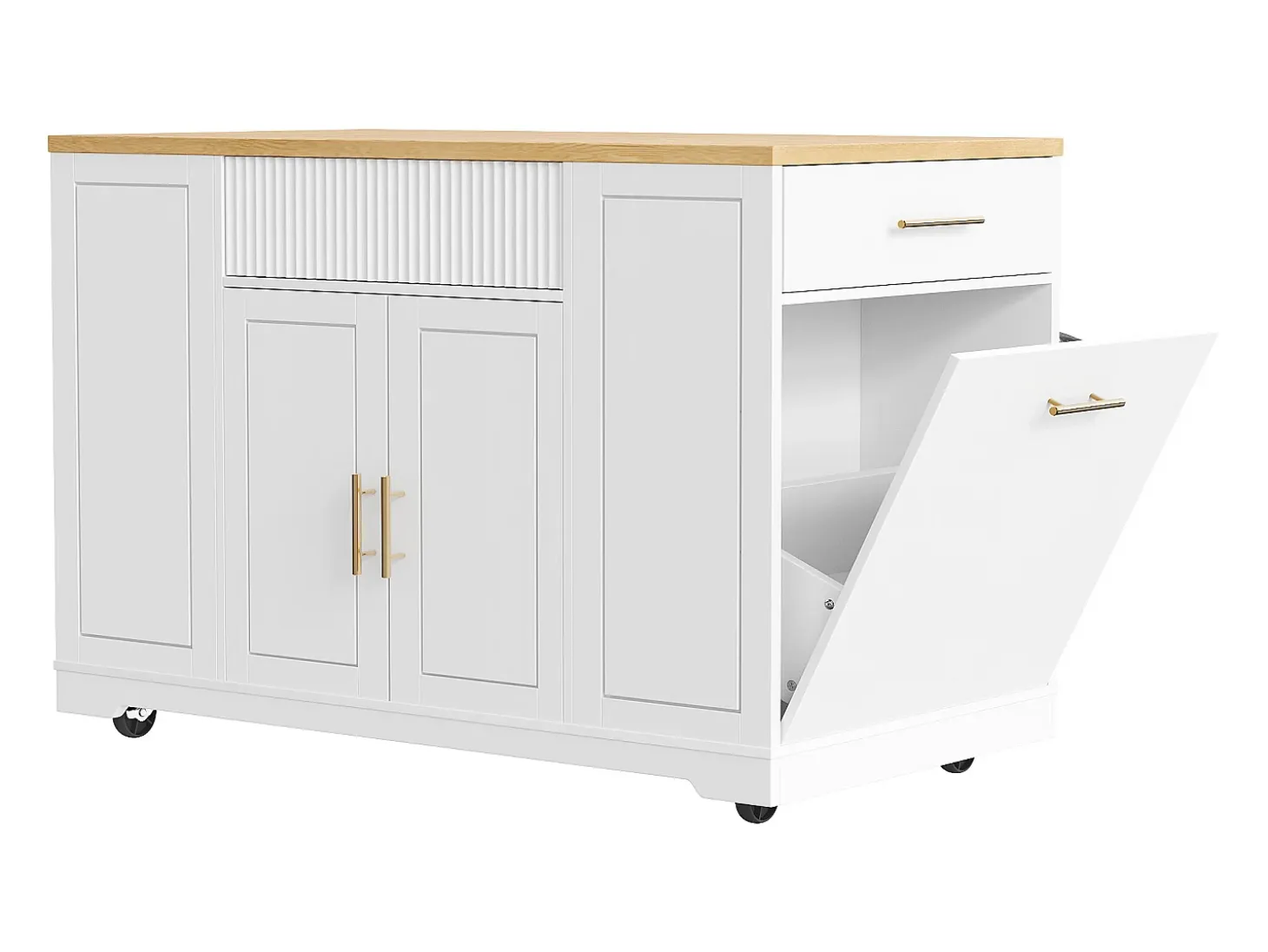 Carrito de cocina blanco con 2 puertas, 3 cajones y compartimento para basura, tiradores de metal, superficie con veta de madera.