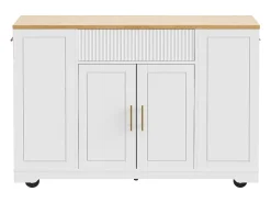 Carrito de cocina blanco con 2 puertas, 3 cajones y compartimento para basura, tiradores de metal, superficie con veta de madera.