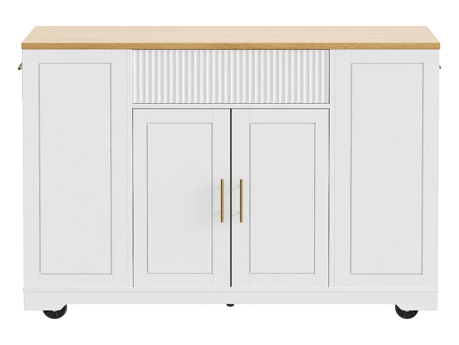 Carrito de cocina blanco con 2 puertas, 3 cajones y compartimento para basura, tiradores de metal, superficie con veta de madera.