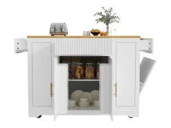 Carrito de cocina blanco con 2 puertas, 3 cajones y compartimento para basura, tiradores de metal, superficie con veta de madera.
