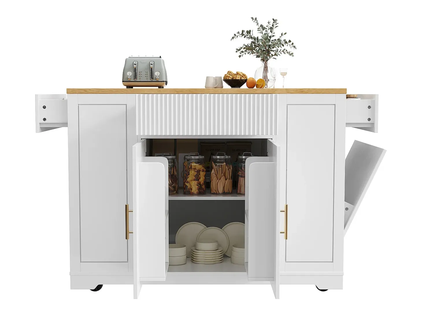 Carrito de cocina blanco con 2 puertas, 3 cajones y compartimento para basura, tiradores de metal, superficie con veta de madera.
