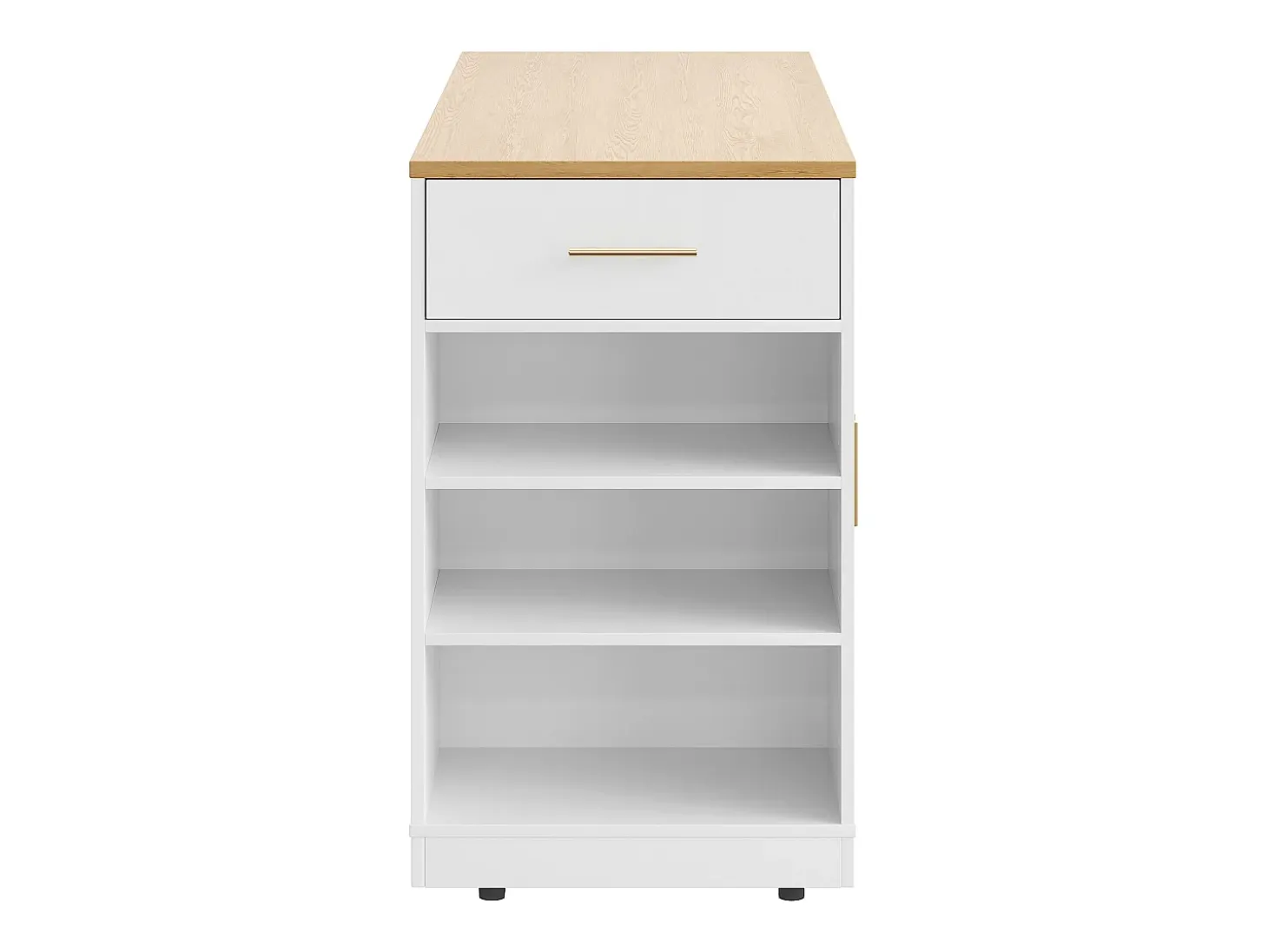 Carrito de cocina blanco con 2 puertas, 3 cajones y compartimento para basura, tiradores de metal, superficie con veta de madera.