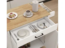 Carrito de cocina blanco con 2 puertas, cajón y toallero, tapa de madera