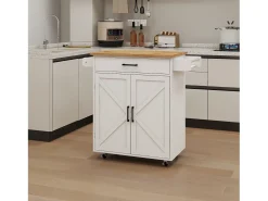 Carrito de cocina blanco con 2 puertas, cajón y toallero, tapa de madera