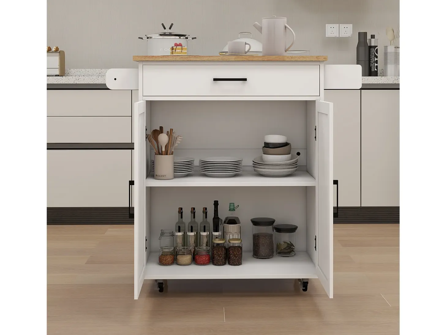 Carrito de cocina blanco con 2 puertas, cajón y toallero, tapa de madera