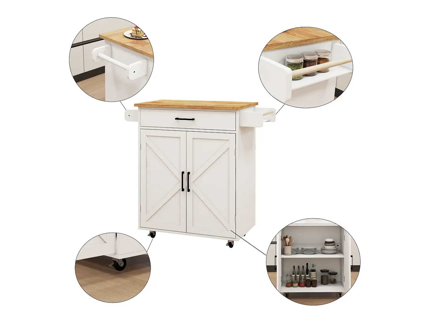 Carrito de cocina blanco con 2 puertas, cajón y toallero, tapa de madera