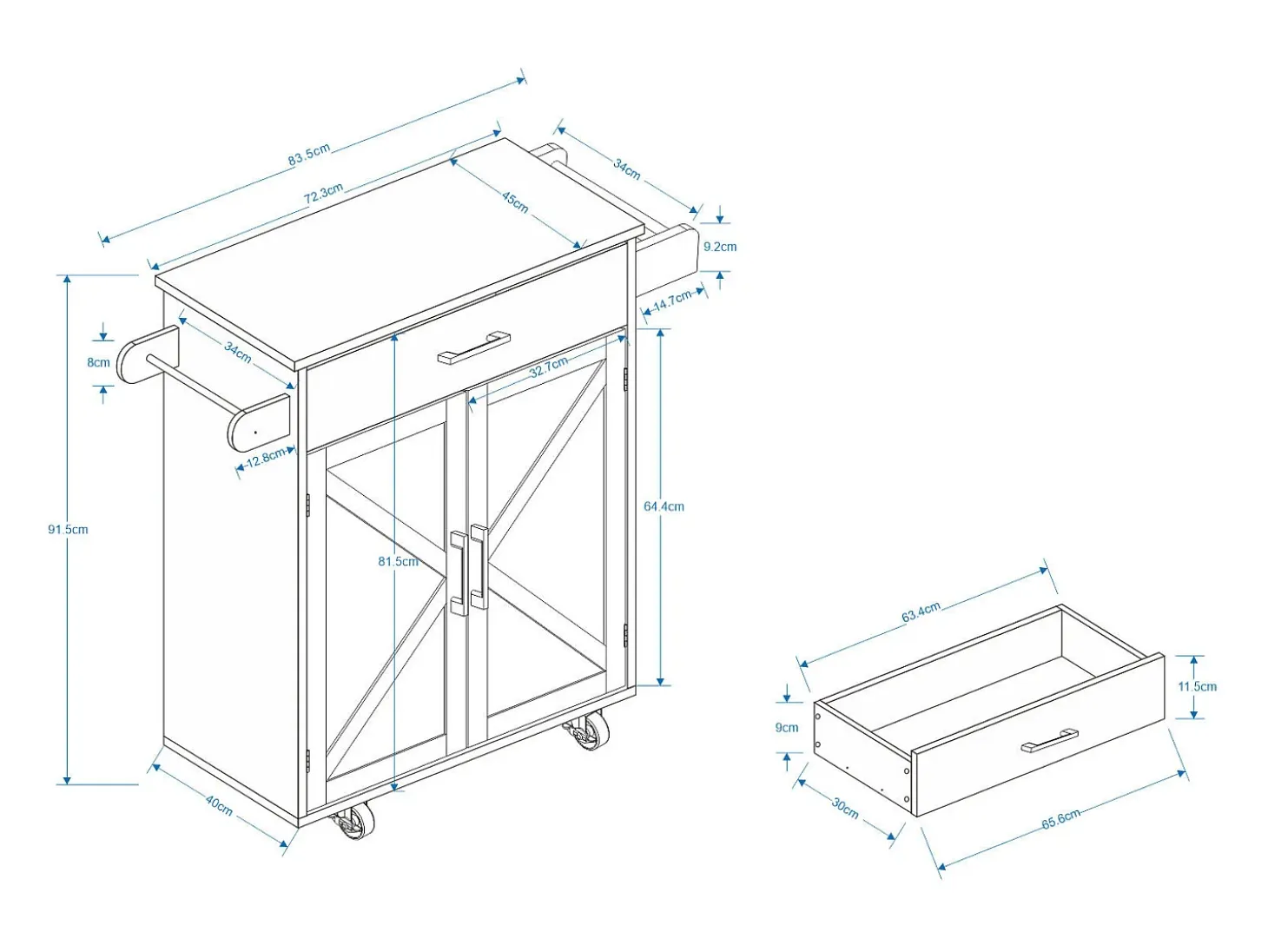 Carrito de cocina blanco con 2 puertas, cajón y toallero, tapa de madera