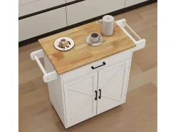 Carrito de cocina blanco con 2 puertas, cajón y toallero, tapa de madera
