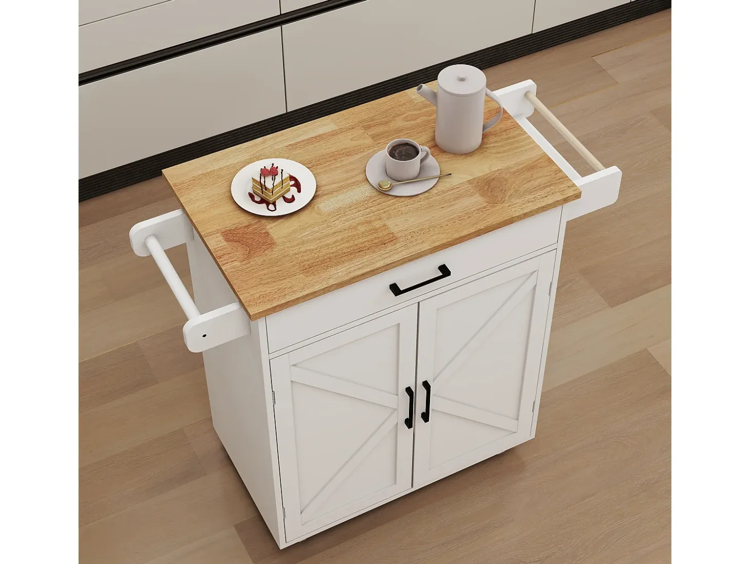 Carrito de cocina blanco con 2 puertas, cajón y toallero, tapa de madera
