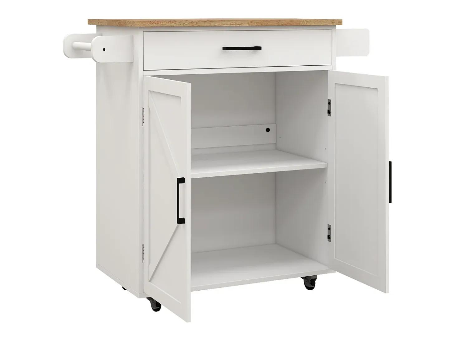 Carrito de cocina blanco con 2 puertas, cajón y toallero, tapa de madera