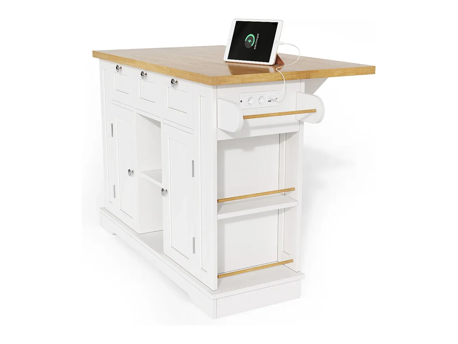Carrito de cocina blanco - Isla de cocina con 2 puertas y 3 cajones - Especiero y 5 ruedas - para cocina y comedor