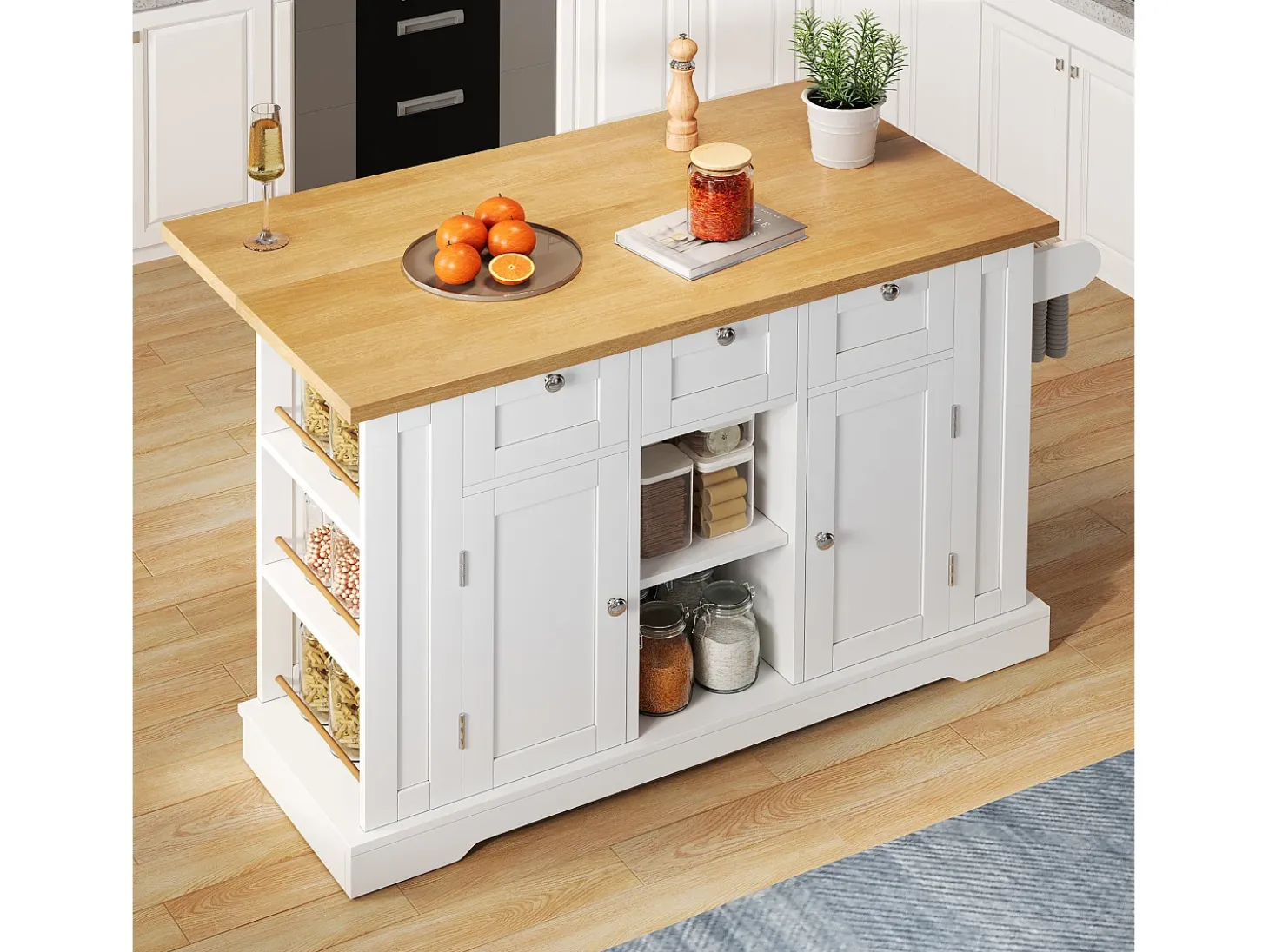 Carrito de cocina blanco - Isla de cocina con 2 puertas y 3 cajones - Especiero y 5 ruedas - para cocina y comedor