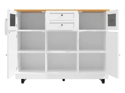 Carrito de cocina blanco con encimera de madera, toallero y estantes ajustables