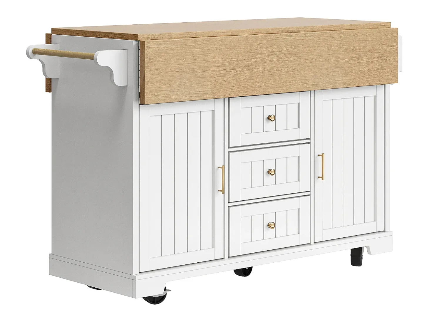 Carrito de cocina blanco con tapa abatible - Isla central con 2 puertas y 3 cajones - Toallero y especiero