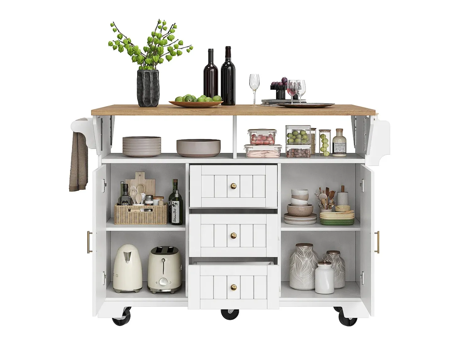 Carrito de cocina blanco con tapa abatible - Isla central con 2 puertas y 3 cajones - Toallero y especiero