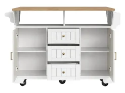 Carrito de cocina blanco con tapa abatible - Isla central con 2 puertas y 3 cajones - Toallero y especiero