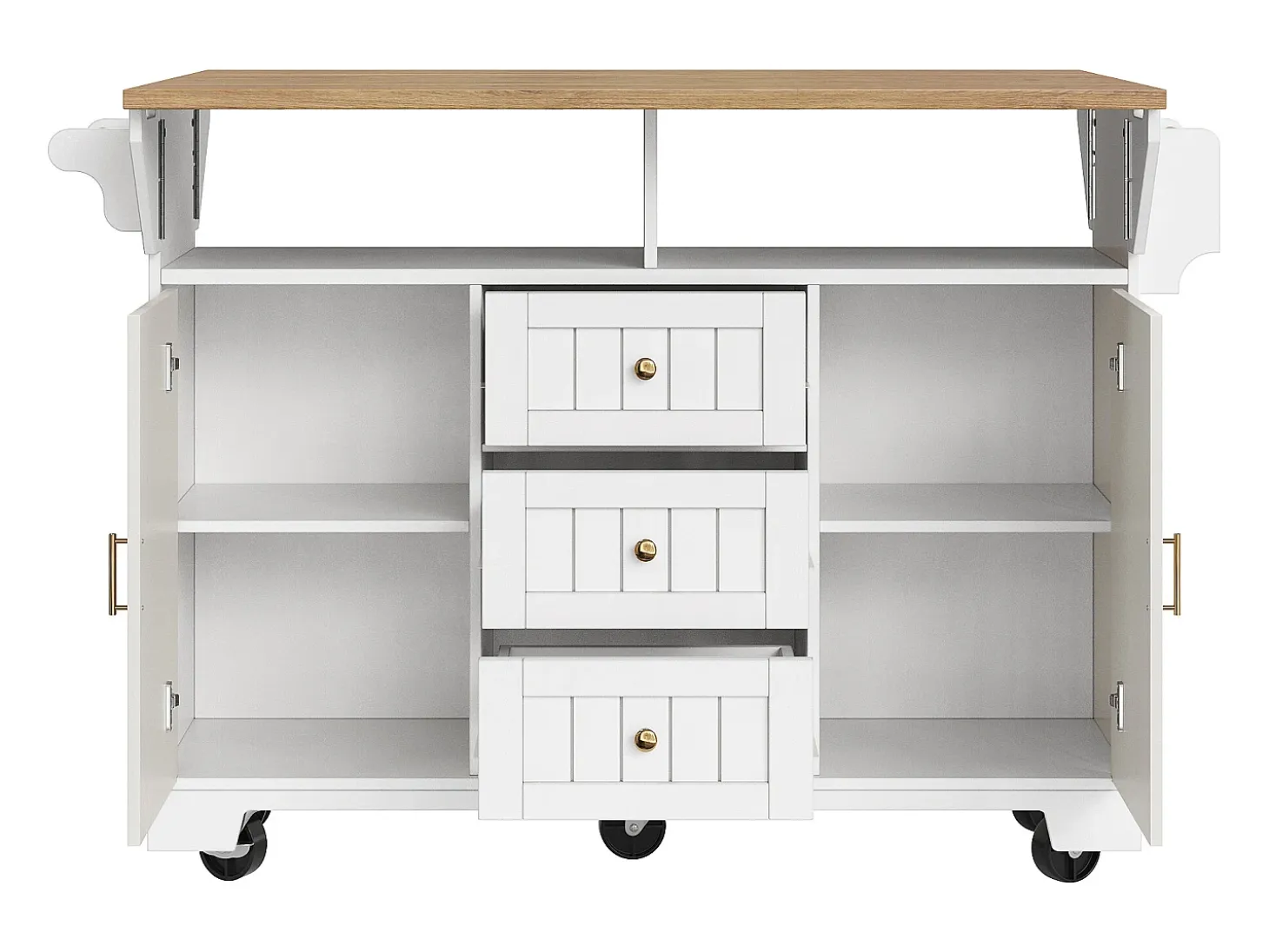Carrito de cocina blanco con tapa abatible - Isla central con 2 puertas y 3 cajones - Toallero y especiero