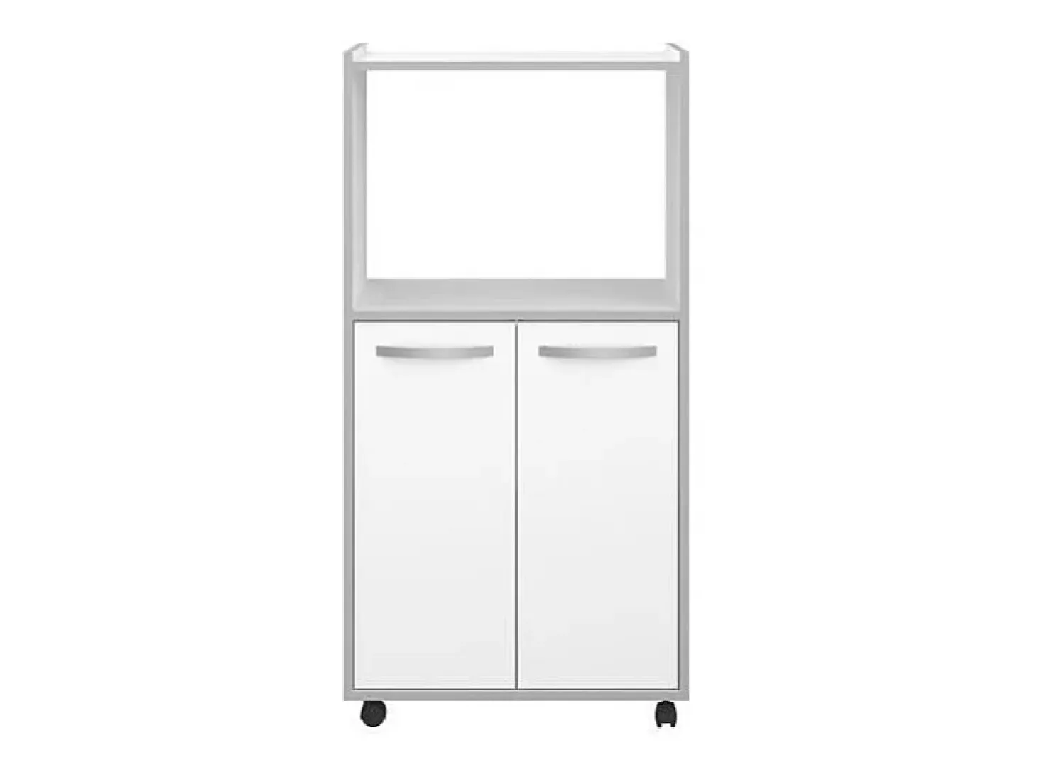 Carrito de cocina compacto 60 cm blanco mate 2 puertas + nicho con estante, espacio para microondas, patas de plástico, Made in France