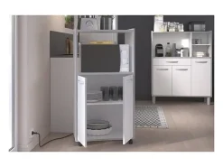 Carrito de cocina compacto 60 cm blanco mate 2 puertas + nicho con estante, espacio para microondas, patas de plástico, Made in France