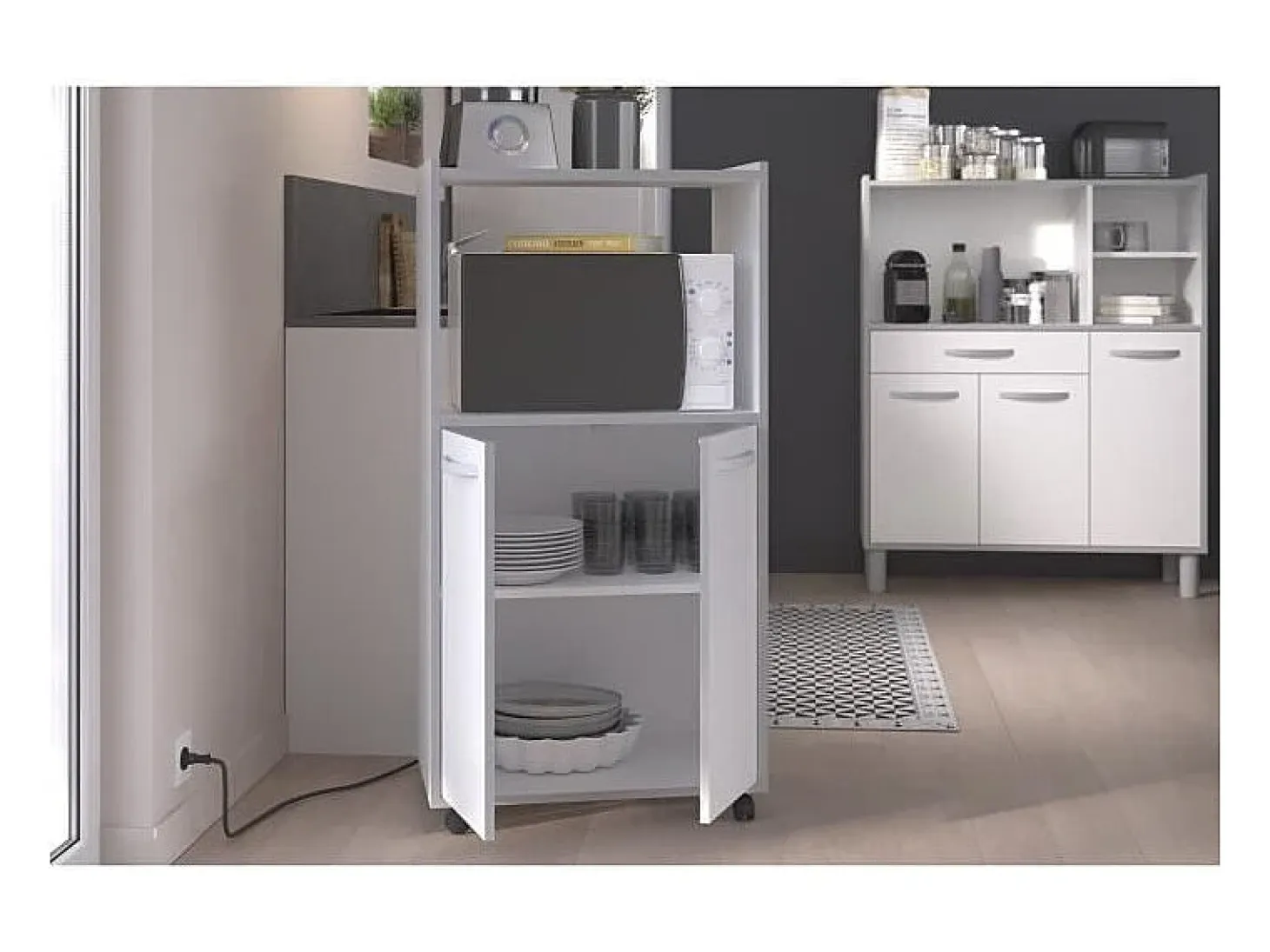 Carrito de cocina compacto 60 cm blanco mate 2 puertas + nicho con estante, espacio para microondas, patas de plástico, Made in France