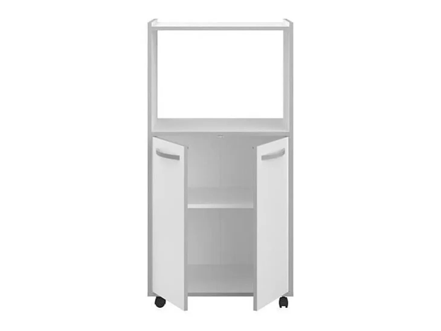 Carrito de cocina compacto 60 cm blanco mate 2 puertas + nicho con estante, espacio para microondas, patas de plástico, Made in France
