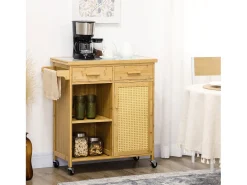 Carrito de cocina con cajón, estantes abiertos, toallero, bambú natural (84x36x85cm)