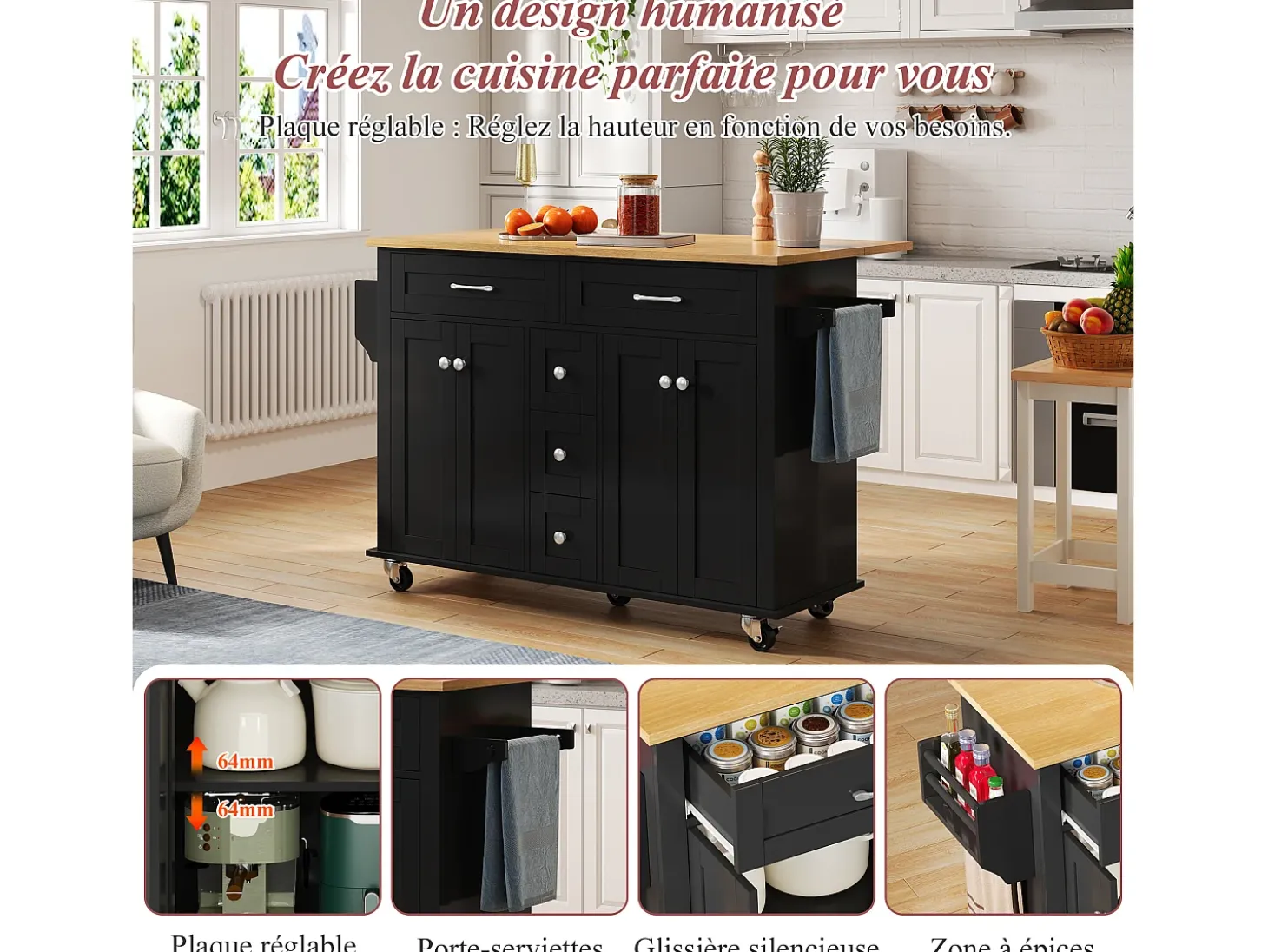 Carrito de cocina con ruedas con 5 cajones y 4 puertas, tapa extensible en acabado madera, color negro