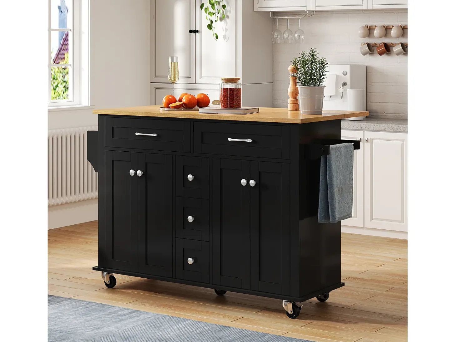 Carrito de cocina con ruedas con 5 cajones y 4 puertas, tapa extensible en acabado madera, color negro