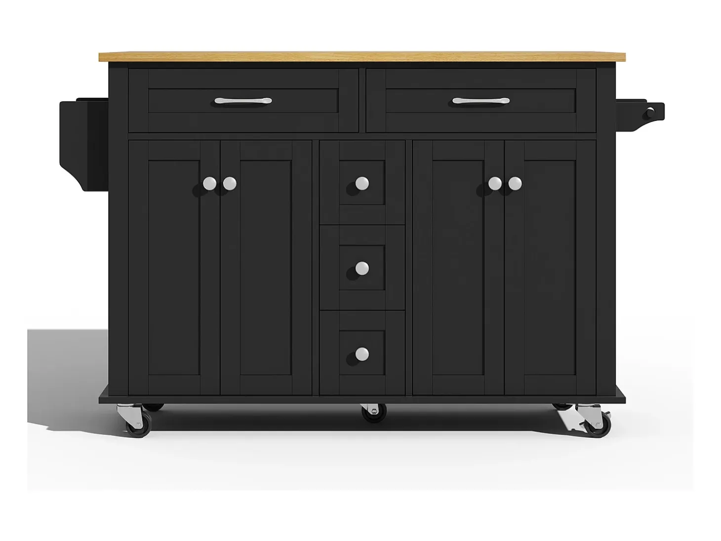 Carrito de cocina con ruedas con 5 cajones y 4 puertas, tapa extensible en acabado madera, color negro