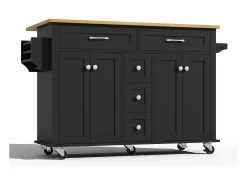 Carrito de cocina con ruedas con 5 cajones y 4 puertas, tapa extensible en acabado madera, color negro