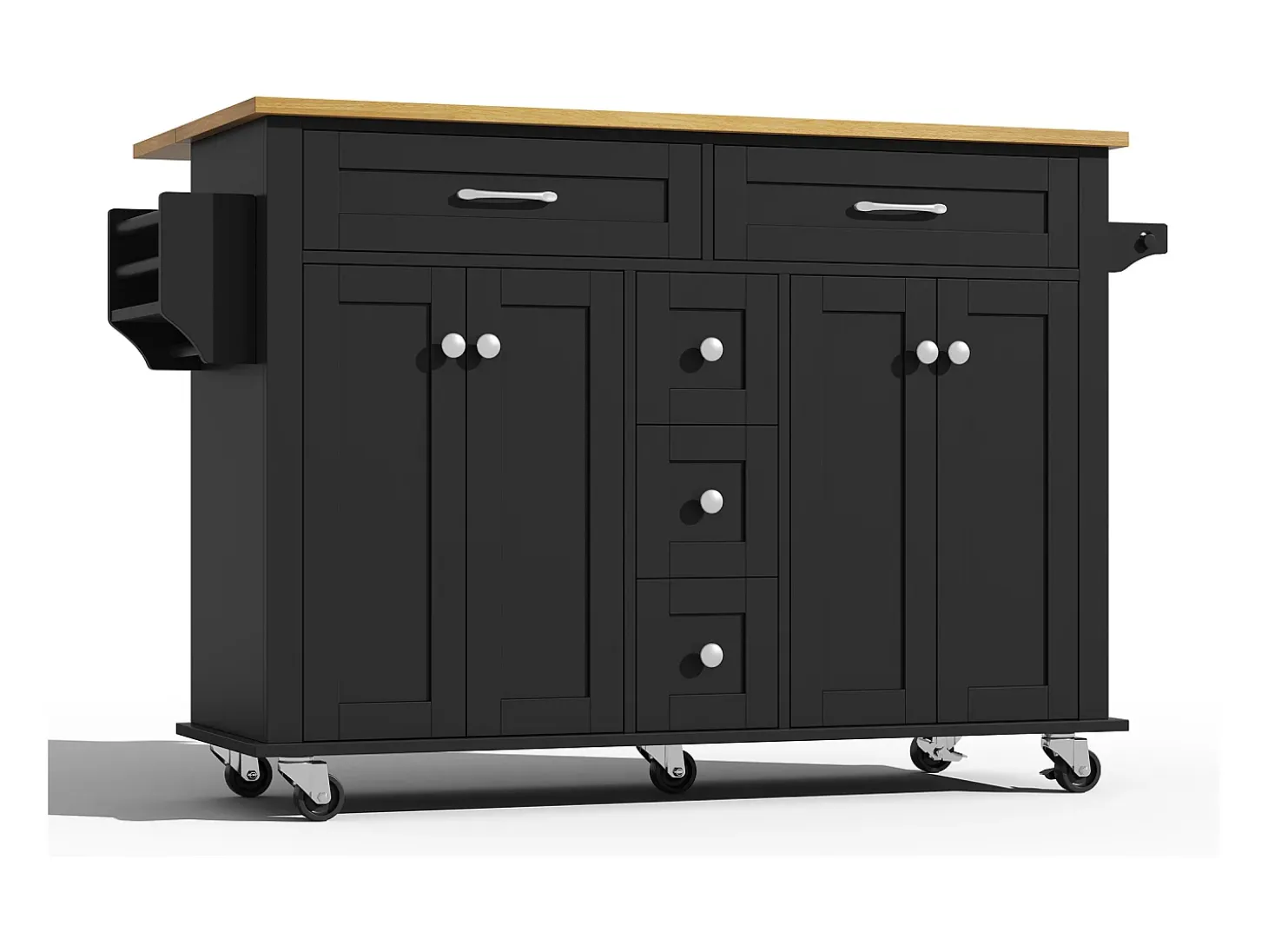 Carrito de cocina con ruedas con 5 cajones y 4 puertas, tapa extensible en acabado madera, color negro