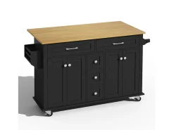 Carrito de cocina con ruedas con 5 cajones y 4 puertas, tapa extensible en acabado madera, color negro