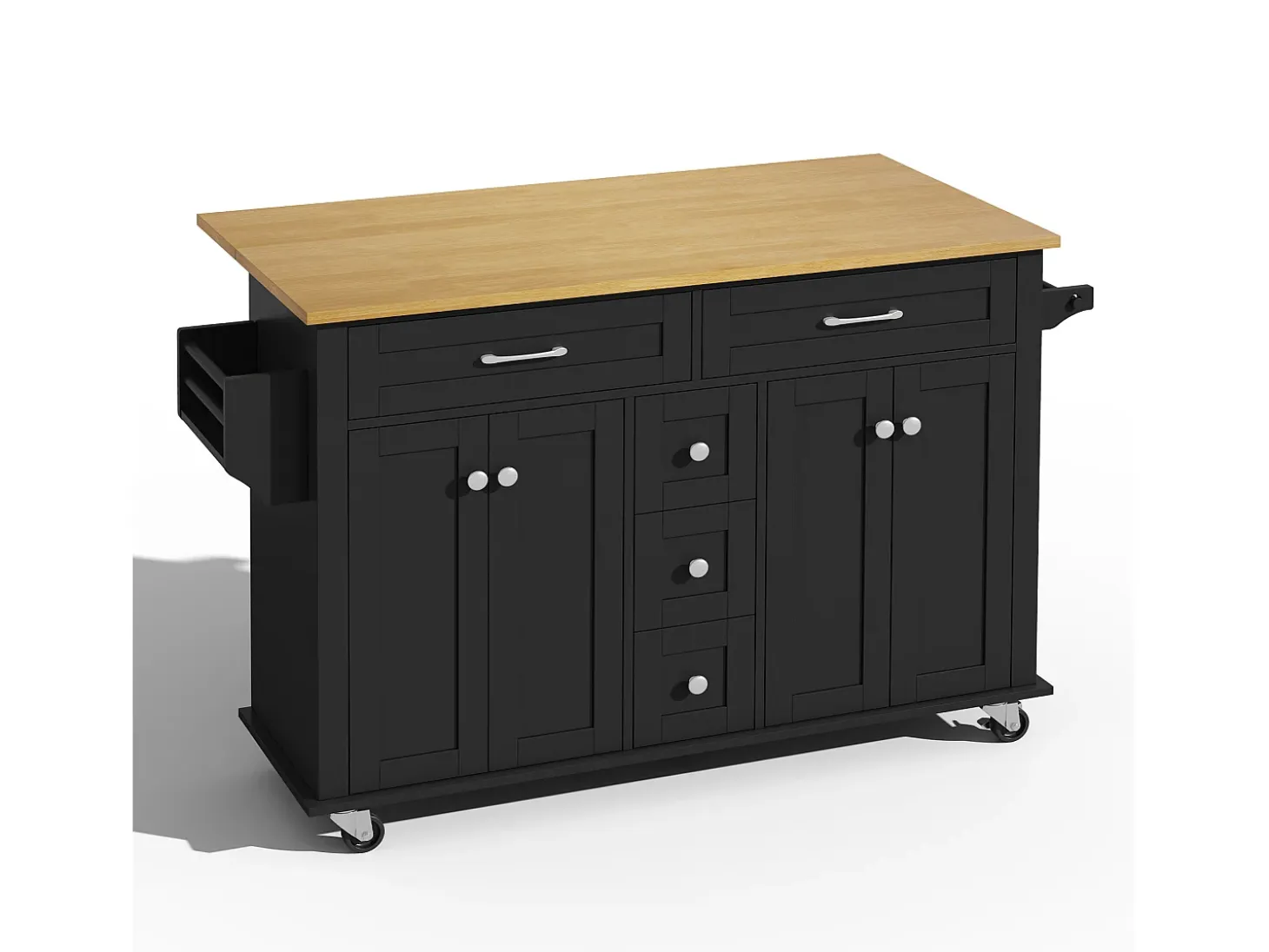 Carrito de cocina con ruedas con 5 cajones y 4 puertas, tapa extensible en acabado madera, color negro