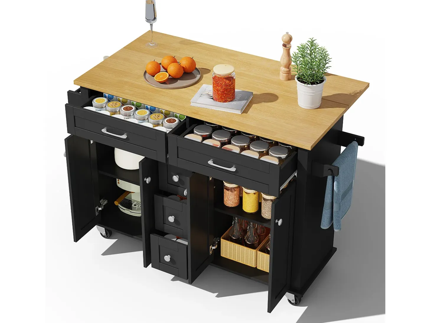 Carrito de cocina con ruedas con 5 cajones y 4 puertas, tapa extensible en acabado madera, color negro