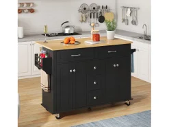 Carrito de cocina con ruedas con 5 cajones y 4 puertas, tapa extensible en acabado madera, color negro