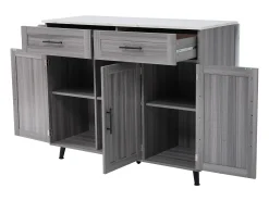 Carrito de cocina con ruedas con 2 cajones, 3 puertas, tapa extensible en chapa de mármol blanco, cuerpo gris
