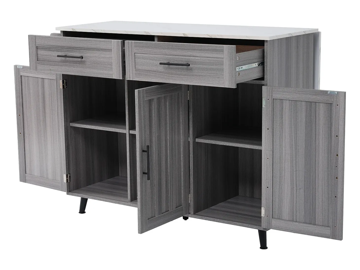 Carrito de cocina con ruedas con 2 cajones, 3 puertas, tapa extensible en chapa de mármol blanco, cuerpo gris