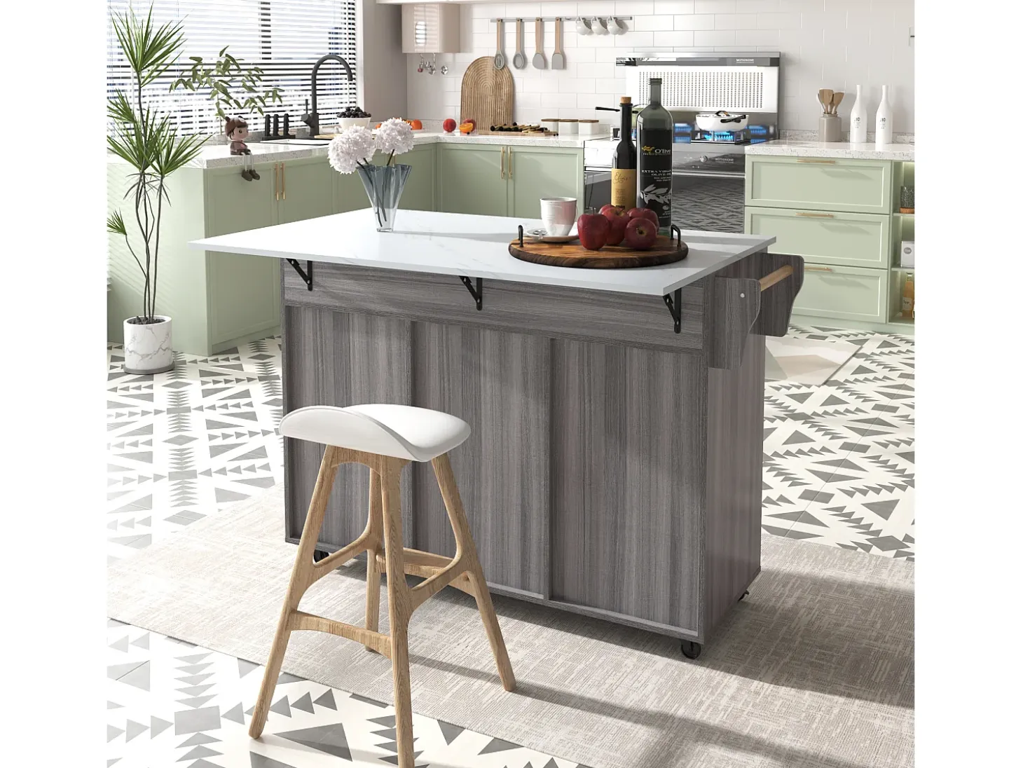 Carrito de cocina con ruedas con 2 cajones, 3 puertas, tapa extensible en chapa de mármol blanco, cuerpo gris
