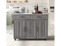 Carrito de cocina con ruedas con 2 cajones, 3 puertas, tapa extensible en chapa de mármol blanco, cuerpo gris