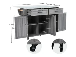 Carrito de cocina con ruedas con 2 cajones, 3 puertas, tapa extensible en chapa de mármol blanco, cuerpo gris