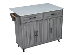 Carrito de cocina con ruedas con 2 cajones, 3 puertas, tapa extensible en chapa de mármol blanco, cuerpo gris